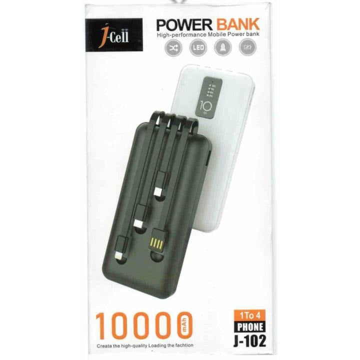 J-Cell J-102 10000mAh Power Bank with LED Display & 4-in-1 Fast Charging Cables